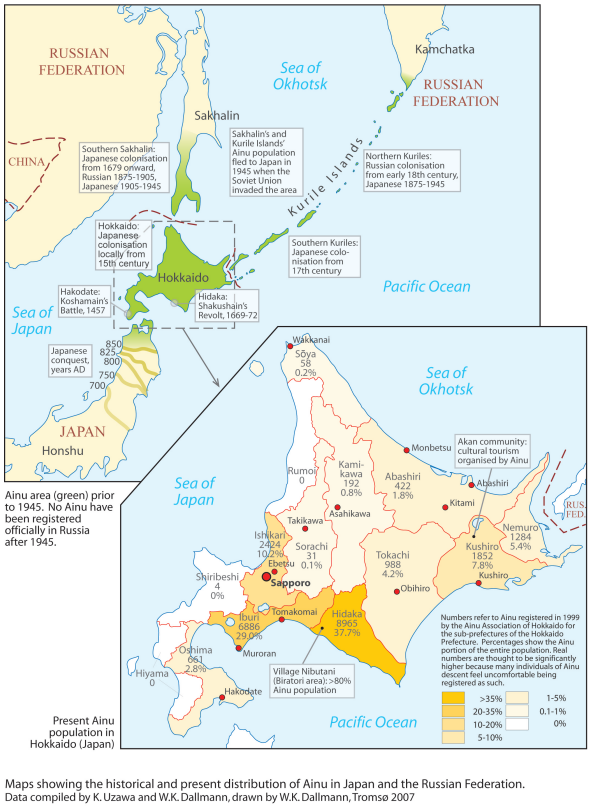 Maps showing the historical and present distribution of Ainu in Japan and the Russian Federation.