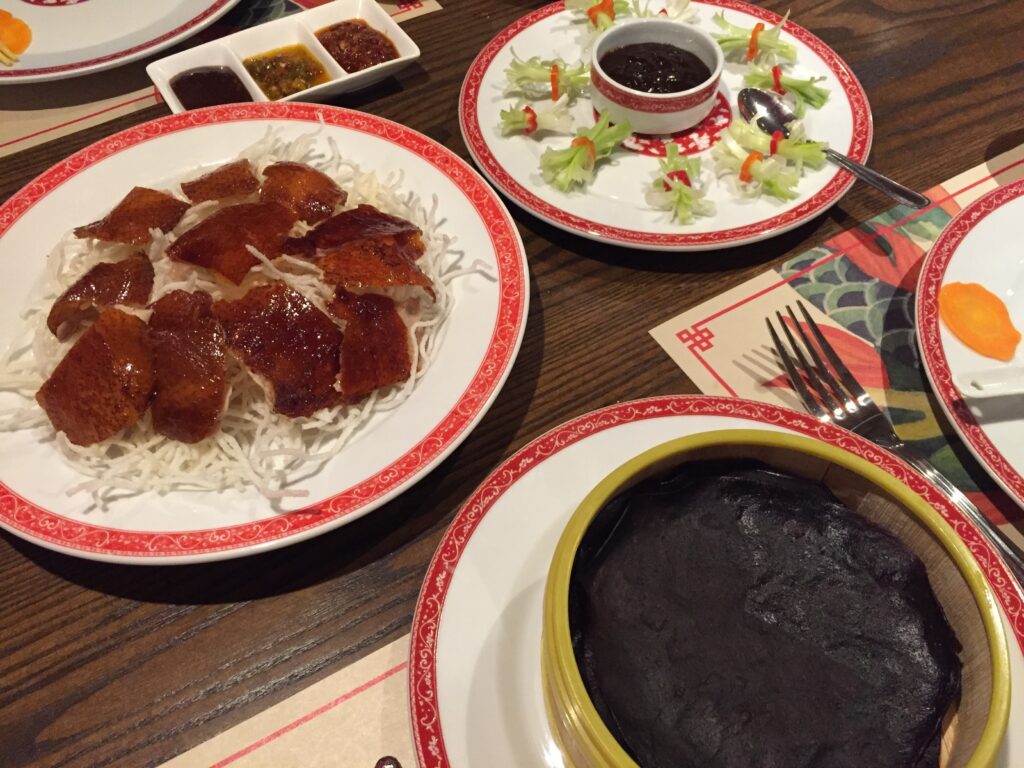 Peking duck is served with purple corn pancakes in Madam Tusan. Credit: Author