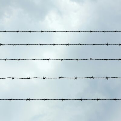 Lines of barbed wire against a cloudy sky.