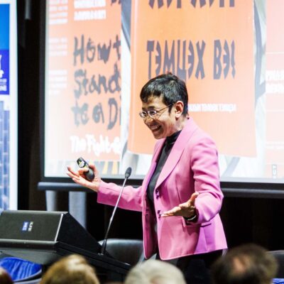 Maria Ressa speaking at the 2025 Southeast Asia Oration.