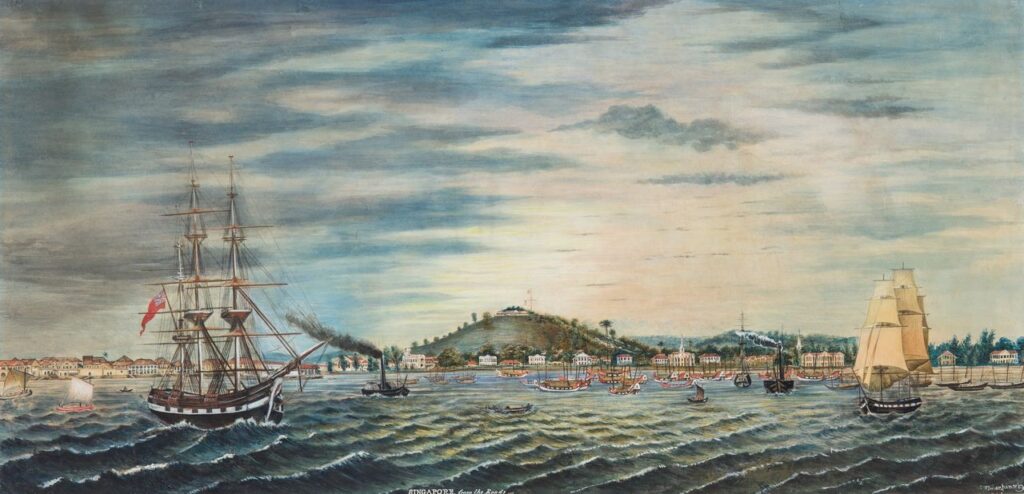 Robert Wilson Wiber. Panoramic View of Singapore from the Harbour. 1849. Watercolour and gouache on paper. 33 x 67 cm. Collection of National Gallery Singapore. Image courtesy of National Heritage Board, Singapore.