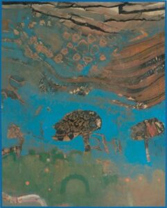 Arthur Yap. Landscape. 1980. Mixed media on board, 50 x 40c m. Gift of Fanny, Jenny and Alice Yap. Collection of National Gallery Singapore. Image courtesy of National Heritage Board, Singapore.