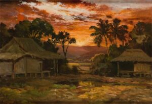 Abdullah Suriosubroto. An Indonesian Village at Sunset. Undated. Oil on canvas, 45 x 65 cm. Collection of National Gallery Singapore. Image courtesy of National Heritage Board, Singapore.