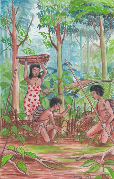 Illustration: Bah Luj teaches his son how to build an animal trap from the story Bah Luj and the Seven Bataks. Used with permission from Pandak Basri.