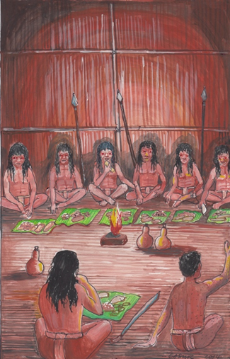 Illustration: The Seven Bataks are intoxicated by the juice from a fruit squeezed into the dish served from the story of Bah Luj and the Seven Bataks. Used with permission from Pandak Basri.