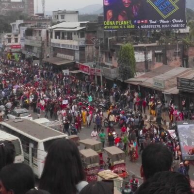 Anti Citizenship Act protestors in a street in Chandmari, Guwahati.