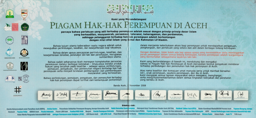 A page displaying the Acehnese Women’s Rights Charter Used with permission: Balai Syura archival collection.