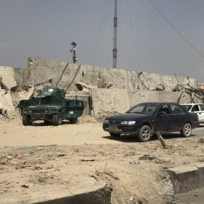 Destroyed buildings in the aftermath of a devastating Taliban suicide attack on the Green Village, Kabul, a compound that housed aid agencies and international organisations. Sixteen people were killed and over a 100 wounded.