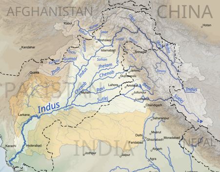 A map of the Indus River Basin showing the course of the Indus River and its six major tributaries (Indus, Jhelum, Chenab, Ravi, Beas, and Sutlej), as well as key urban centres across China, India, Pakistan, and Afghanistan.