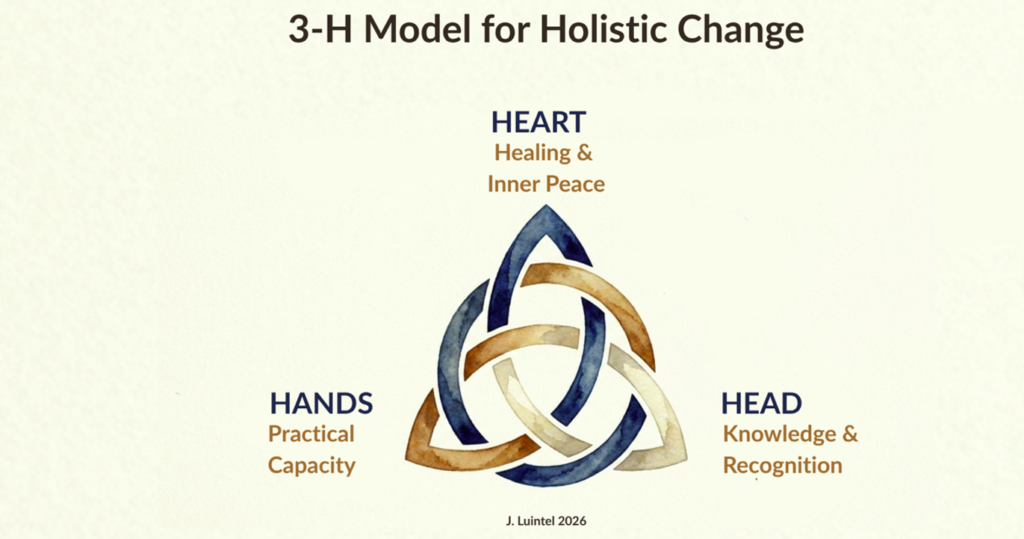 A graphic depicting the three elements of the 3H for Holistic Change: Heart, Hands and Head.